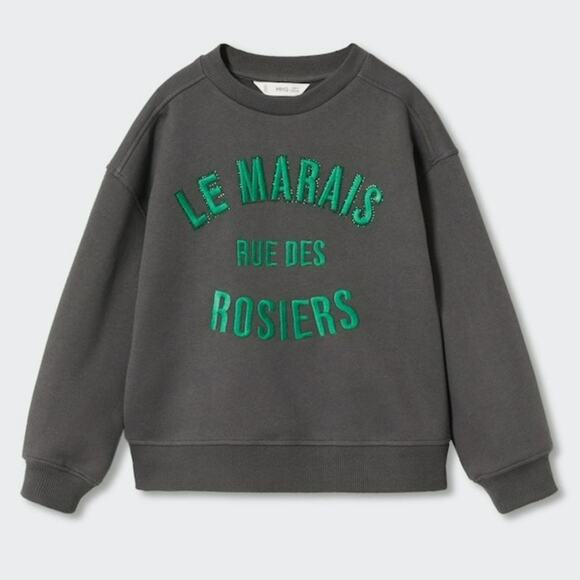 Mango Kids Le Marais Sweatshirt Gray Green Embroidery Size 5-6Y - Picture 1 of 7